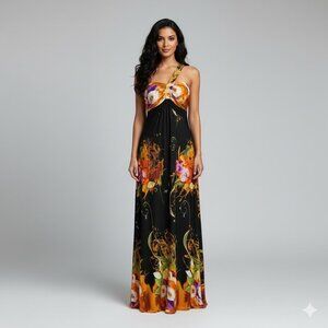 QED London Black and Orange Floral Maxi Dress